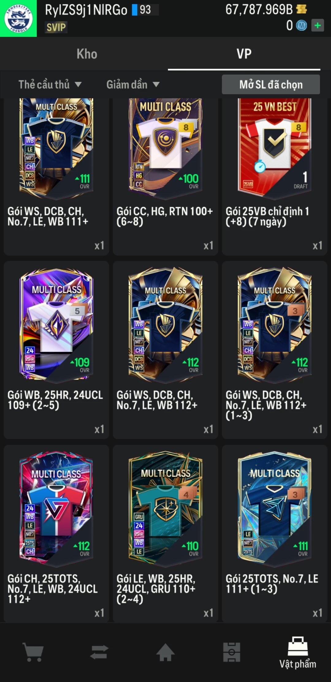 Ảnh ACC mở thẻ (LOẠI SVIP PROMAX) bao gồm 1 gói thẻ +12, thẻ PRIME và 1000+ thẻ cầu thủ từ Siêu sao đến Miền núi các loại. Có sẵn BP trắng trong acc từ 57.000 tỷ BP đến 67.000 tỷ BP, kèm theo nhiều ngày SVIP